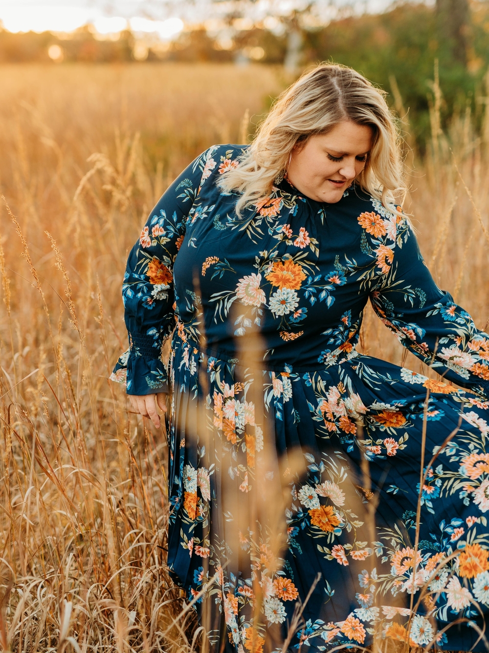 INDIE & Co. 3XL Floral Tiered Long Sleeve Maxi Dress - Navy with Orange Floral - Picture 9 of 9